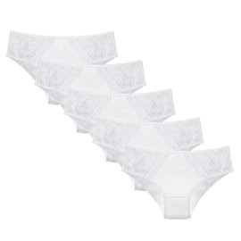 Donella Teen Girls Panties - 5 Pack Mid Rise Soft Cotton Bikini Underwear, Lace White High Waist, Age: 12-13