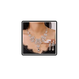 Crystal Wedding Necklace Earrings Sets Bridal Rhinestone Flower Pendant Necklace Chain Vintage Floral Necklace Ball Dangle Jewelry for Women Bride Bridesmaid (Silver)