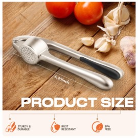 Kitchen Garlic Press Stainless Steel, Premium Rust Proof & Dishwasher Safe Garlic Mincer, Durable Garlic Crusher Set with Peeler＆Brush, Easy to Clean and Squeeze, Matte