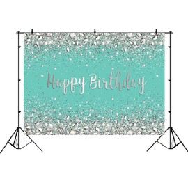 Breakfast Blue and Sliver Birthday Photography Backdrop Sweet 16th 21st Shiny Diamonds Background Girls Adult Women Happy Birthday Party Decorations Cake Table Banner Photo Booth Props 7x5ft