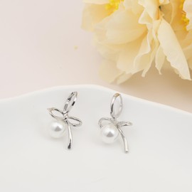 Atifober Sliver Pearl Bow Earrings S925 Sterling Silver Post Trendy Pearl Hoop Earrings Lightweight White Pearl Drop Earrings Jewelry Gifts For Women