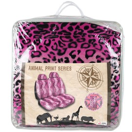7 pc Safari Leopard Pink Print Auto Interior Set 2 Lowback Seat Covers, 1 Wheel Cover and 2 Shoulder Pads - Leopard Pink