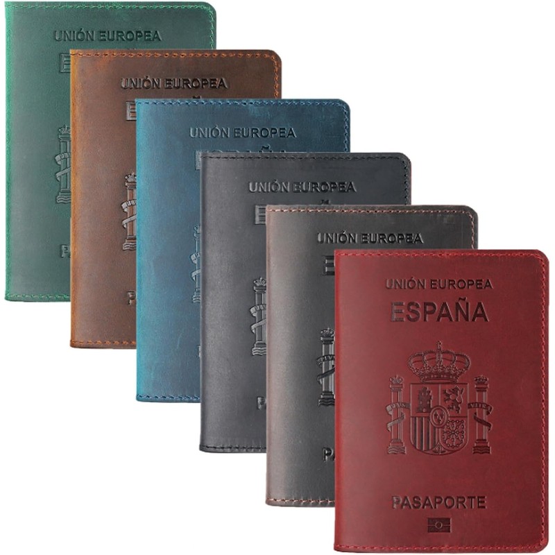 Porta pasaporte español, portadocumentos de piel vaca, tarjetero retro for