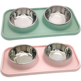 BNOSDM 2 Pcs Double Dog Food Bowls, Stainless Steel Small Dog Food and Water Bowls with Non-Spill Plastic Mat, Pet Cat Feeder Dish Set for Puppy Cats Kitten, Pink and Green