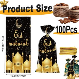 Eid Mubarak Gift Bags,100 PcsMubarak Goodie Bags, Eid Gift Bags Muslim Castle Moon Star Ramadan Treat Bags Ramadan Gift Bags with Gold Twist Ties for Muslim Islamic Eid Diwali Party Kids Gifts