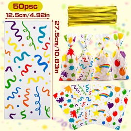 Zi Lan 50 Pcs Colorful Cellophane Treat Bags Rainbow Artist Paint Balloons Party Favor Gift Candy Bags for Birthday Party Decorations Supplies with 50 Pcs Golden Twist Ties