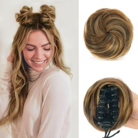Sofeiyan 2PCS Mini Claw Clip in Hair Bun Messy Cat Ears Hair Bun Extension Synthetic Donut Wig Accessory Updo Space Bun Hair Pieces for Women Girls, Brown & Blonde