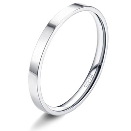 MILACOLATO S925 Sterling Silver Rings for Women Men 18K White Gold Plated Stackable Statement Thin Plain Thumb Ring High Polished Wedding Band Ring Comfort Fit Size 7, 2mm