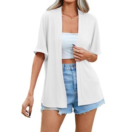 Famulily Women's Cardigans for Summer, Loose Fitting Front Open Cardigans Ladies Half Sleeves Cover ups (XL, White)