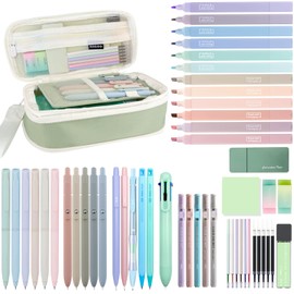JIZHIYUAN 54PCS Aesthetic School Supplies with Large Pencil Case,12 Pastel Highlighters,5 Black & 6 Color Ink Gel Pens, 6-in-1 Ballpoint Pen,5 Mechanical Pencils 0.5-2.0mm Student Essentials (Green)