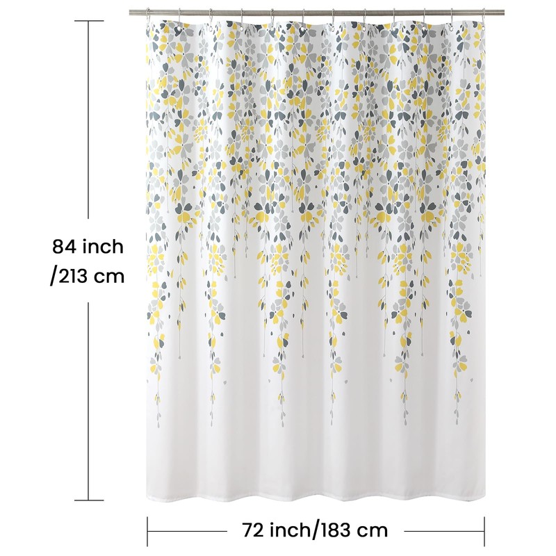 BESTRIPES Extra Long Fabric Shower Curtain, Yellow and Gray Floral