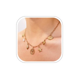 Gold Charm Necklace for Women Summer Beach Jewelry Gold Shell Starfish Seashell Necklace Surfer Chunky Charm Choker Necklace Gift for Women No Diamond