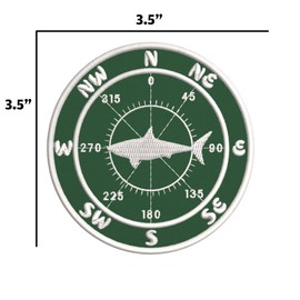 Compass w/Shark Embroidered Premium Patch Iron-On or Sew-On Embroidery Applique - Color: Green - Nautical Sea Ocean Creatures Beach - Fun Novelty Badge Biker Emblem - Vacation Tourist Souvenir