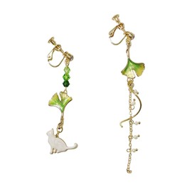 Feel "White Cat and Ginkgo Leaf Swinging Earrings" Women's Cute Cat Gift, Brass