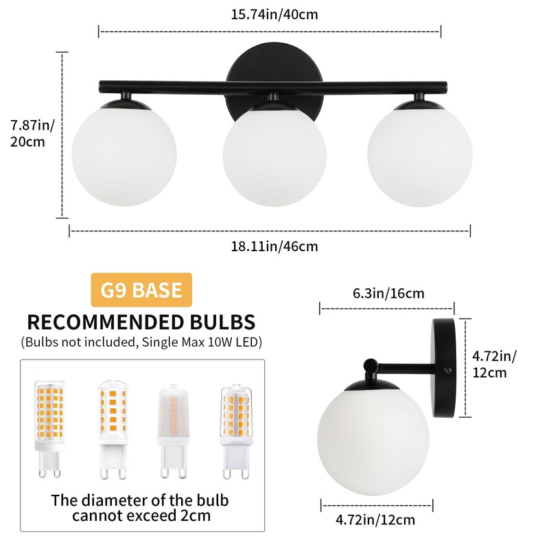 foucasal Black Globe Bathroom Light Fixtures 3-Light Vanity Light with