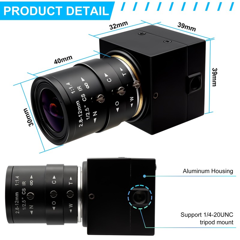 ALPCAM 8MP USB Camera, Manual Focus Webcam with 2.8-12mm Varifocal