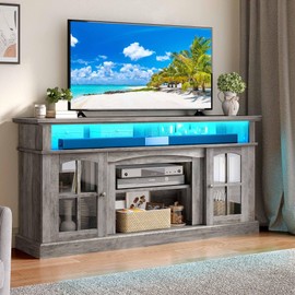 YITAHOME LED Farmhouse TV Stand for 75 Inch w/Outlets, Modern Entertainment Center with Glass Doors and Adjustable Storage Shelves, Media Console TV Cabinet for for Living Room, Grey