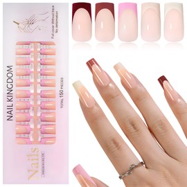 Bellelfin 150Pcs French Tip Press on Nails Long Square Fake Nails Press ons, Glossy French Tip Nails Soft Gel Nail Tips Nude Acrylic False Nails for Nail Art
