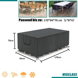 WISCLASS Garden Furniture Cover, Waterproof, Windproof, Garden Table Cover, Large Outdoor Furniture Covers, Anti-UV, Patio Rattan Furniture Covers, Rectangular, 170 x 94 x 70 cm