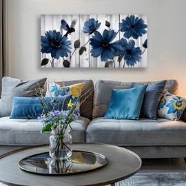 Wall Art Decor Blue Floral Canvas Wall Art Modern Daisy Print with Bird Living Room Decor Gray Wooden Board Background Framed Office Home Decor Size 20 x 40 in