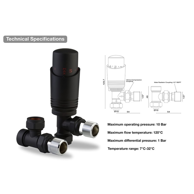 Black Thermostatic Radiator Valve Angled Corner or Straight Matt Black