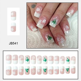 Christmas Press on Nails Medium Square Fake Nails With Snowflake Christmas Tree Designs Xmas White Glitter French Tip False Nails Full Cover Stick on Nails Acrylic Winter Artificial Nails for Women