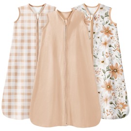 Unnivoll Baby Sleep Sack 0-6 Months Summer Sleep Sack 3 Pack 100% Cotton Baby Sleep Bag Wearable Blanket for Newborn Infant Orange Flowers & Plaid