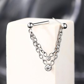 CM Crareesi Mania Chain Septum Ring 16G Double Jewelry 316L Stainless Steel Threaded Push In Chain Piercing Dangle CZ, Metal, Cubic-Zirconia