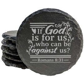 Faith and Hope: Laser Etched Faith-Based Inspiration: If God is for Us Coasters - Round Slate - Set of 5