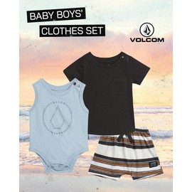 Volcom Baby Boys' Clothes Set - 3 Piece Onesie, T-Shirt, and Shorts Cute Outfits for Newborn (Sizes: 0-24 Months), Size 12 Months, Blue