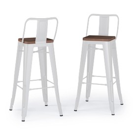 SIMPLIHOME Rayne 30 Inch Industrial Metal / Wood Bar Stool (Set of 2) in White, For the Dining Room and Kitchen