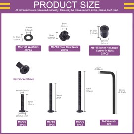 Swpeet 123Pcs 4 Types M6 Carbon Steel Black Hex Drive Socket Cap Bolts and Threaded Inserts Nuts with T Nut 4 Pronged Tee Blind Nuts and Flat Washers Kit, 1Pcs Wrench Bolts Fully Threaded Hex Socket Screws