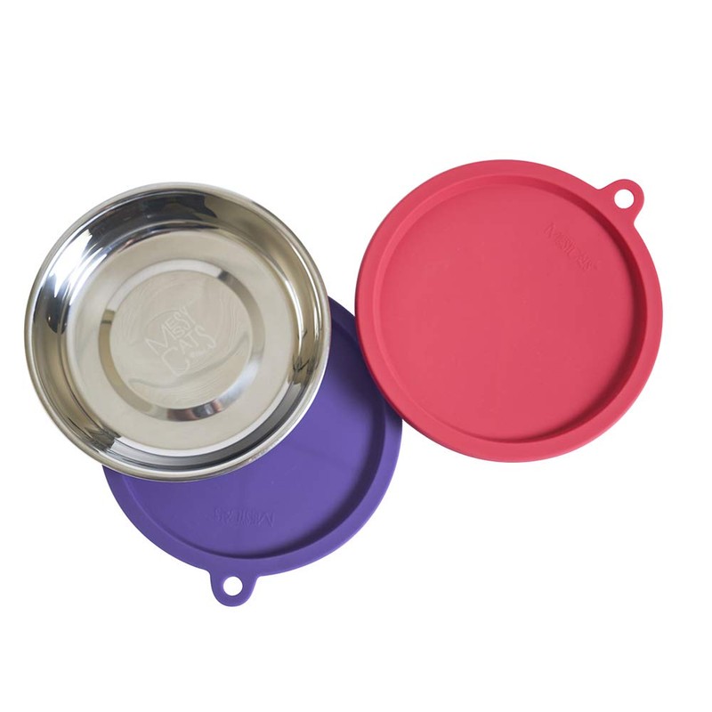 Messy Cats 4pc Set with Two Stainless Saucer Shaped Bowls