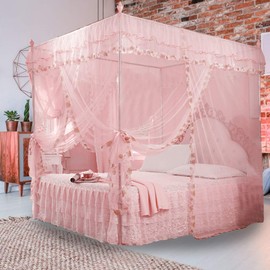 Bed Curtains with Canopy on the Corners, 120 x 200 x 200 cm, Canopy Curtains, Bed Mosquito Net, Double Bed Canopy in Princess Style, Design with Three Side Openings (Pink)