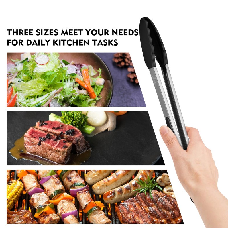 HOTEC Premium Stainless Steel Locking Kitchen Tongs with Silicon Tips,