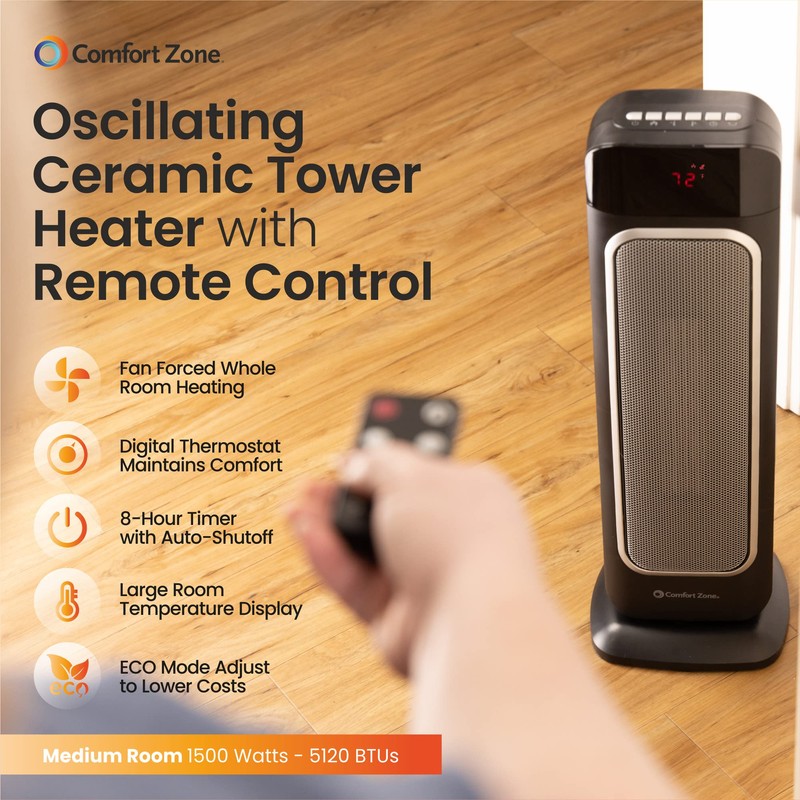 Comfort Zone Electric 24" Oscillating Digital Tower Space Heater with