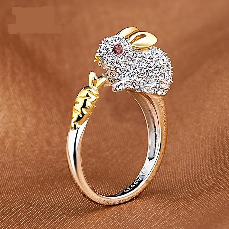 Cute Rabbit Carrot Animal Rings for Women Cubic Zirconia Crystals