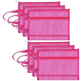 Fassave 6 Pack Mesh Zipper Pouch Bags, Double Layer Nylon Pouch with Handle for Office Travel Organization (Hot Pink, A5)