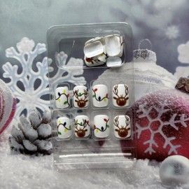 Christmas Press on Nails Short Square Fake Nails White False Nails with Colorful Light Designs ？Cute Elk Glue on Nails Christmas Winter Stick on Nails Acrylic Nails Full Cover Glossy Artificial Nails