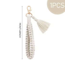 Lusofie Macrame Keyring Boho Braided Key Chain Short Lanyard Tassel Pendant Car Key Ring for Women, White