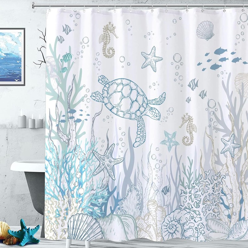 Nautical Coastal Turtle Shower Curtain, Coral Starfish Seashell Ocean Themed