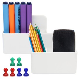 Catcan 2 Pack Magnetic Dry Erase Marker Holder, Magnetic Pencil Holder with 6 Pcs Magnetic Push Pins for School, Office, Home, Whiteboard, Fridge (White)