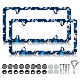 HCSS Blue Flowers Graffiti License Plate Frames - 2 Pack Cute Floral Leaves Aluminum Metal License Plate Holder Covers,Rust-Proof Waterproof Car Decorative Tag Frames for Standard US 12x6 Inch