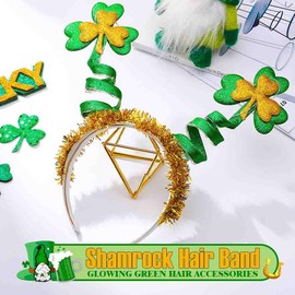 Zoestar Light Up St Patrick's Day Headband Sparkly Shamrock Hair Bands Glow Clover Costume Holiday Hair Accessories for Women