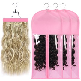 Hair Extension Holder Wig Storage Wig Wag Hair Extension Storage Wig Bags Storage Hair Extension Holder for Styling Wig Bags Storage with Hanger (3PCS/PINK)