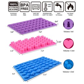 3 Pack Silicone Chocolate Molds, Reusable Candy Baking Mold Ice Cube Trays Candies Making Supplies with 2 Droppers, Nonstick Silicone Gummy Molds Including Mini Dinosaur, Hearts, Bear Shape