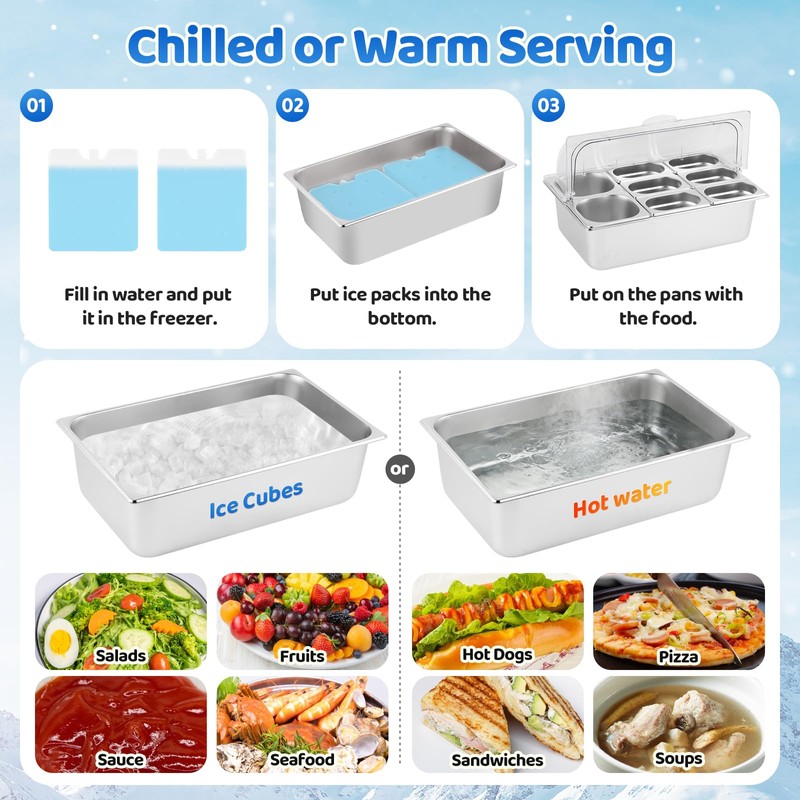 YMJOINMX Ice Cooled Condiment Serving Container 8 Pans (6 Pans×1Qt