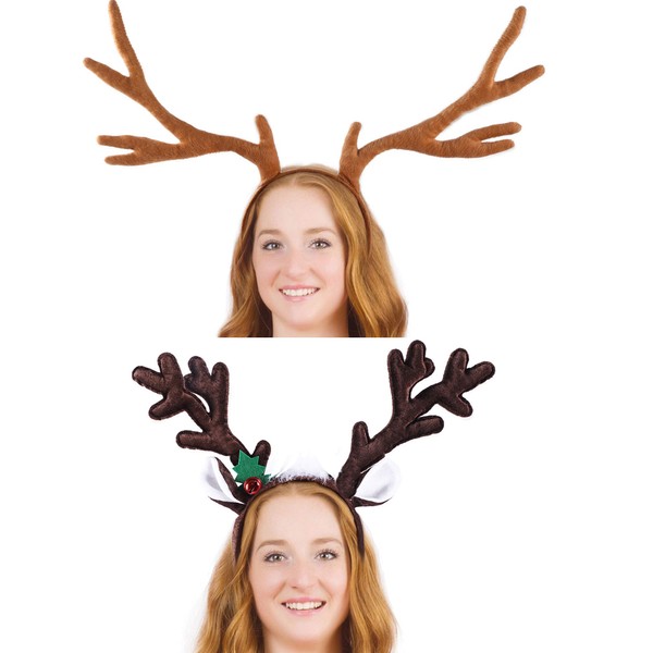 2 Pieces Christmas Reindeer Headband Antlers Hairband Headwear Accessories for Christmas Party Decoration, 2 Styles (Dark Brown, Light Brown)