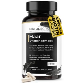 NatureCraft Haar Vitamin Komplex mit 28 Vitalstoffen - Hochdosiert mit Biotin, Keratin, Kollagen, Hyaluron, Zink, Selen, MSM, OPC uvm. fr Haare, Haut & N?gel. 120 Kapseln - (2-Monats Vorrat)