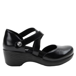 Alegria Women's Savina Noir Slip on Leather Wedge Mary Jane Cross Strap Heel Shoe 9 M US